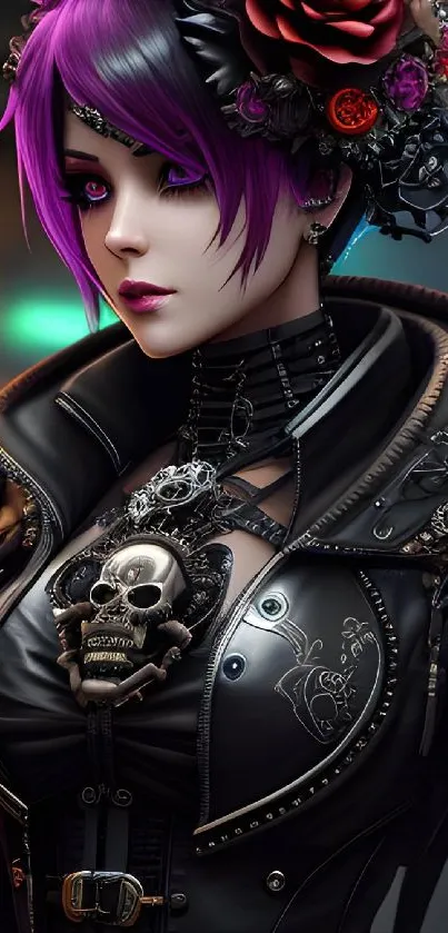 Gothic character with purple hair in dark, ornate attire, glowing vibrant hues.