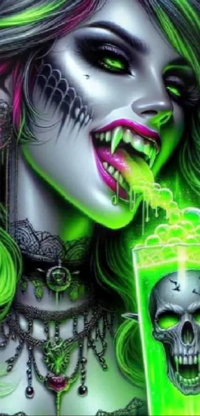 Gothic vampire with neon green drink and dark makeup.