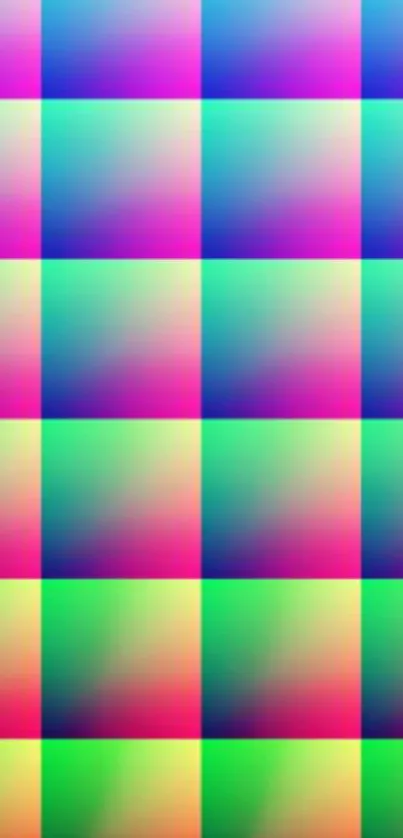 Vibrant gradient checkered pattern wallpaper with green, blue, and pink hues.