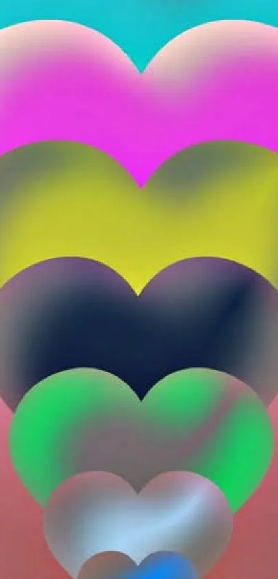 Colorful heart-shaped gradient layers wallpaper with vibrant hues on a mobile screen.