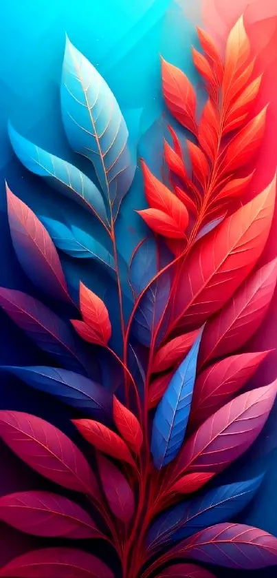 Vibrant gradient leaf art in blue and red hues for mobile wallpaper.