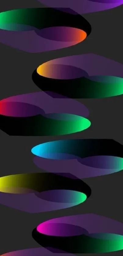 Vibrant mobile wallpaper with colorful abstract shapes on a black background.