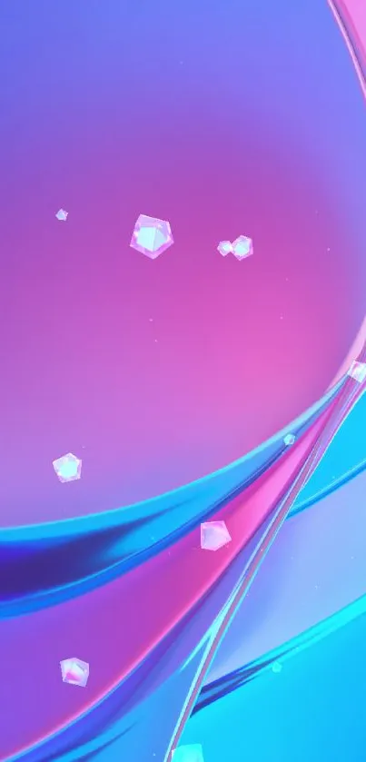 Gradient mobile wallpaper with floating crystals in pink and blue hues.