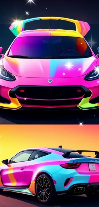 Vibrant sports car with rainbow gradient on asphalt background.