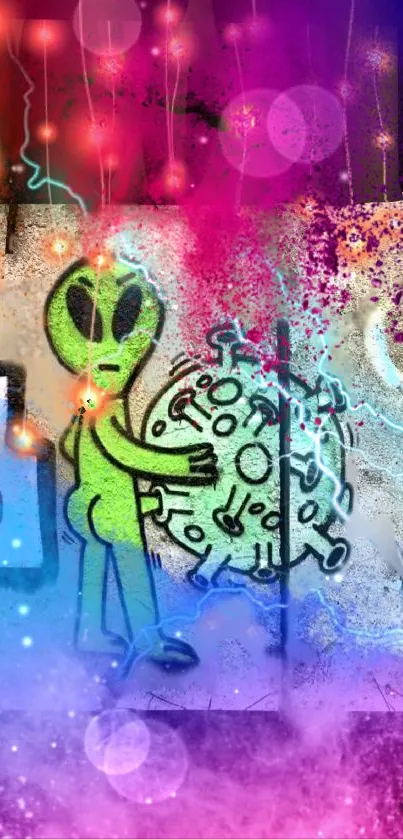 Vibrant graffiti style wallpaper with alien art design.