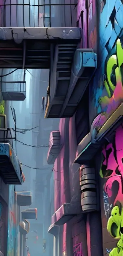 Vibrant graffiti alley with colorful urban art