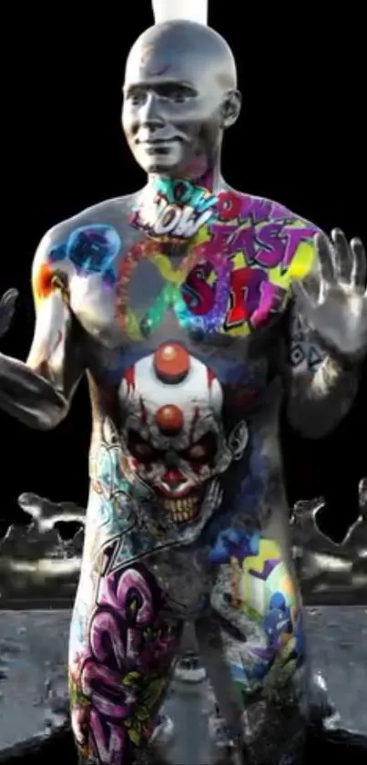 Colorful graffiti art on a statue with a dark backdrop.