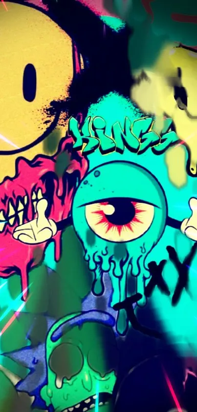 Graffiti style cartoon characters in vibrant colors on a mobile wallpaper.