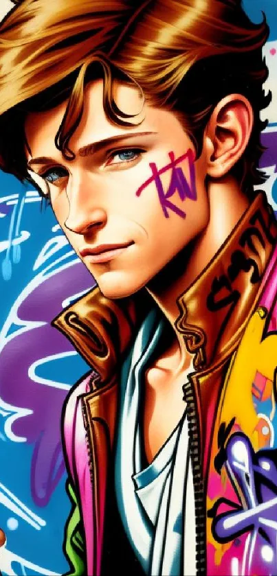 Young man in vibrant graffiti art style with blue, pink, and brown colors.