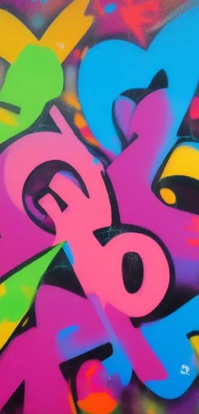 Vibrant graffiti art with bold colors and dynamic shapes on a wall.