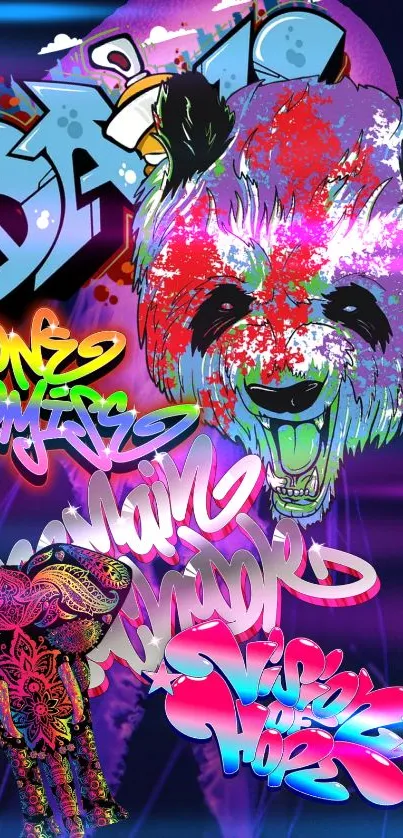 Colorful graffiti art with panda and neon hues on a dark background.