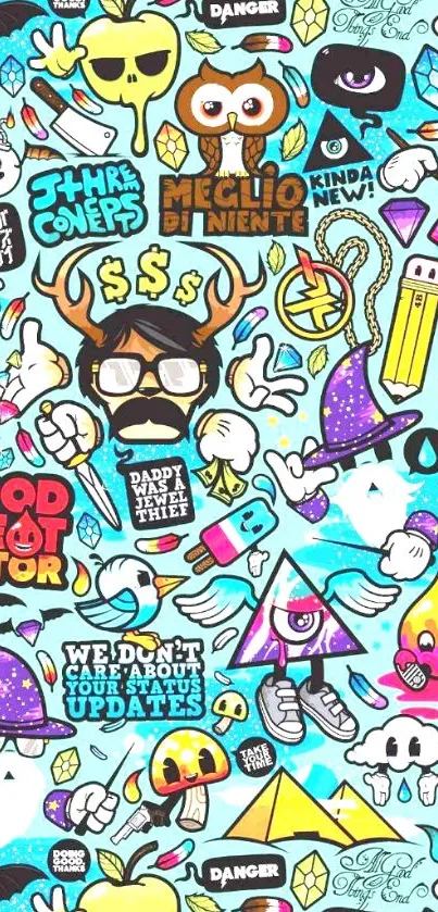 Vibrant graffiti-themed mobile wallpaper with cartoon doodles.