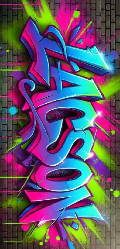 Bright graffiti art with neon colors on a brick wall background.