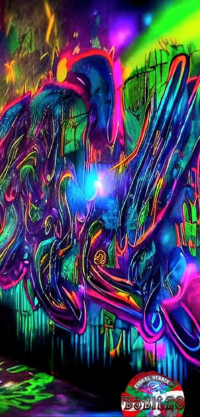 Vibrant graffiti art with neon colors on an urban wall.