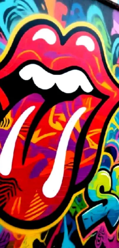 Vibrant graffiti art wallpaper with colorful tongue design.