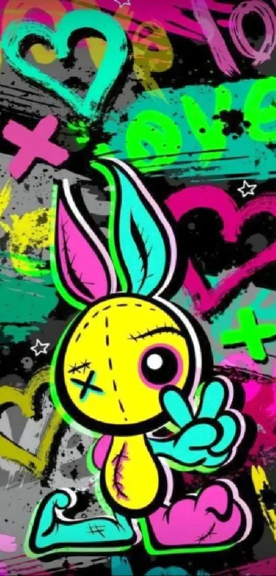 Vibrant graffiti bunny wallpaper with neon and heart designs.