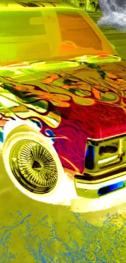 Vibrant graffiti art car with bold colors on mobile wallpaper.