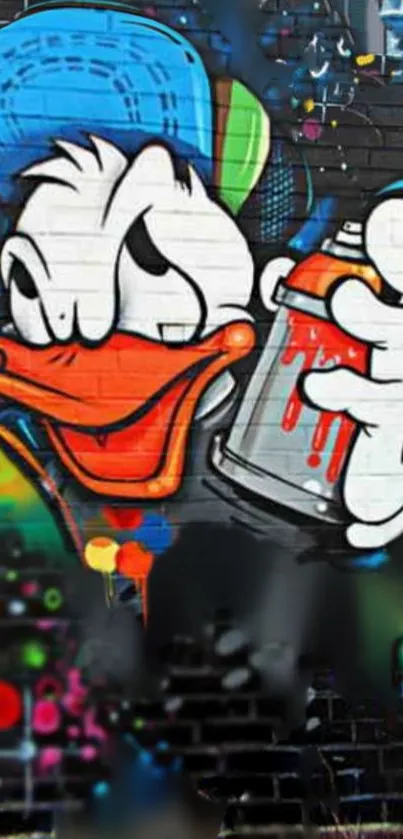 Graffiti wallpaper with a duck holding a spray can on a black brick wall background.