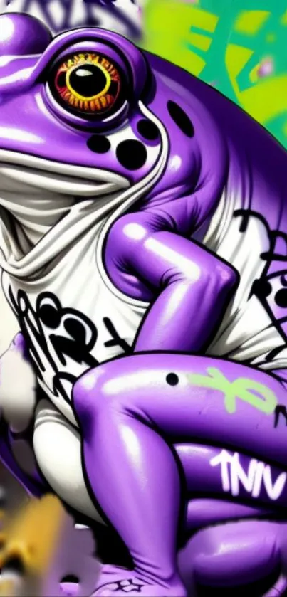 Purple graffiti frog with vibrant urban background.