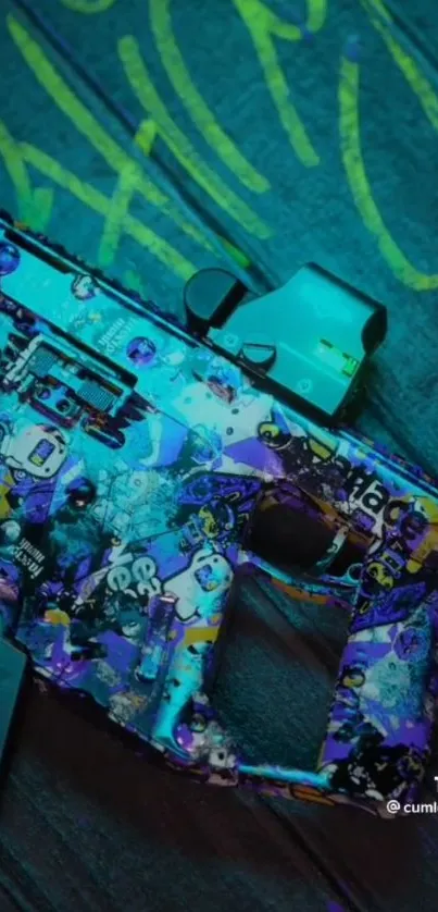 Graffiti-themed gun art on a cyan background, vibrant and dynamic.