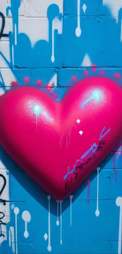 Graffiti wall with a pink heart and blue background art.