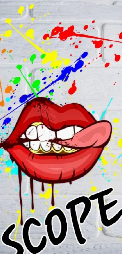 Graffiti style lips art with colorful splashes on brick wall.