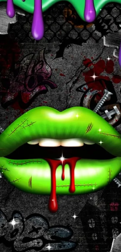 Colorful graffiti wallpaper with green lips and vibrant drips.