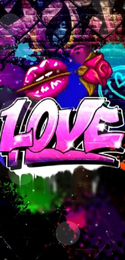 Vibrant graffiti love art with bold colors and artistic elements for mobile wallpaper.