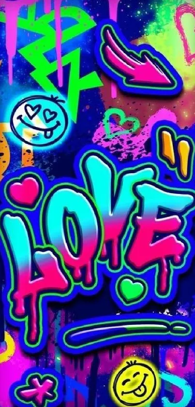 Colorful graffiti love wallpaper with neon colors.