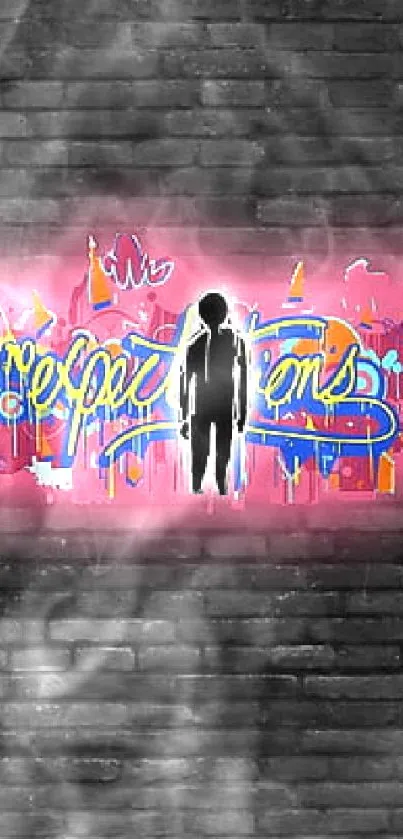 Colorful graffiti artwork on a brick wall with silhouette figure.