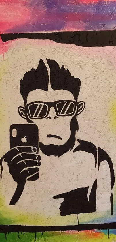 Graffiti style monkey with phone art in vibrant colors.