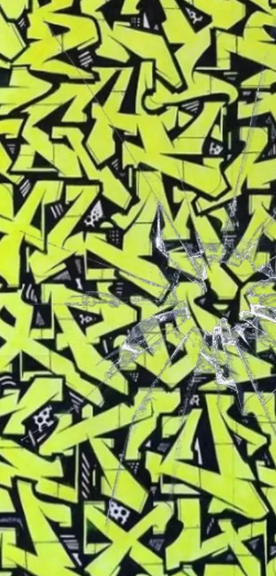 Vibrant yellow graffiti pattern with black accents and shattered glass effect.