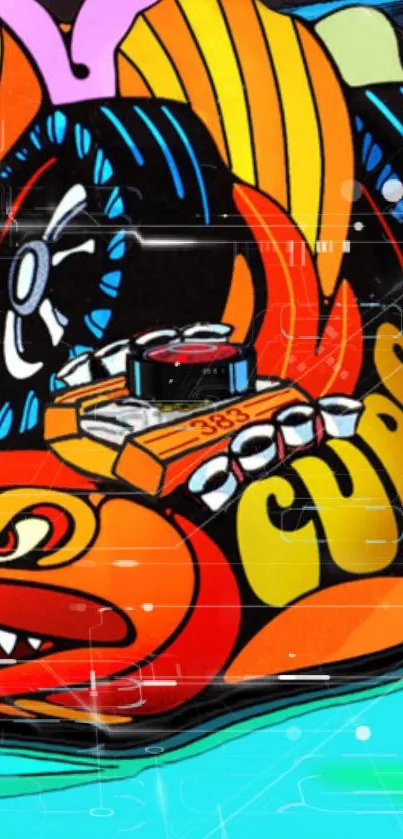 Vibrant graffiti art with orange tones and dynamic street elements.