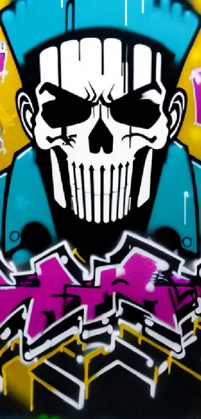 Vibrant graffiti skull artwork with bold colors.