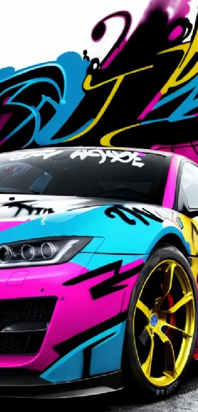 Graffiti-covered sports car against vibrant street art background.