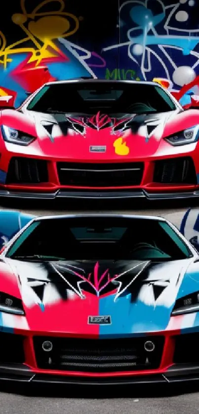 Vibrant sports cars with graffiti art background.