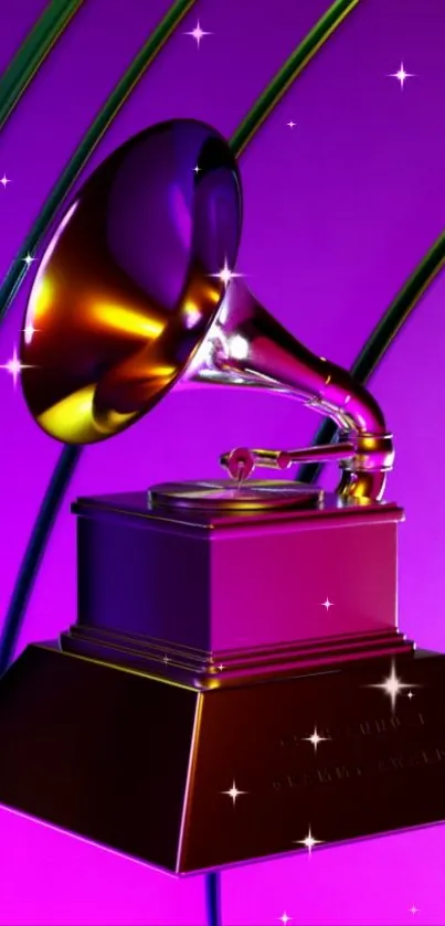 Purple gramophone with stars on abstract background wallpaper.