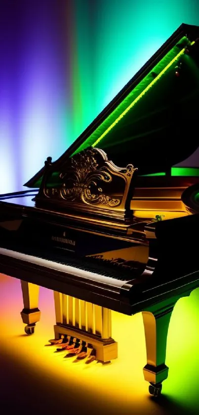 Colorful neon-lit grand piano wallpaper.