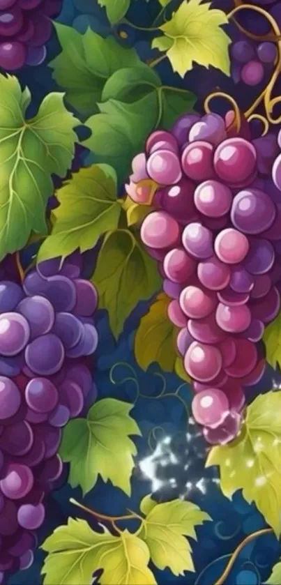 Vibrant wallpaper of purple grape clusters with green leaves.