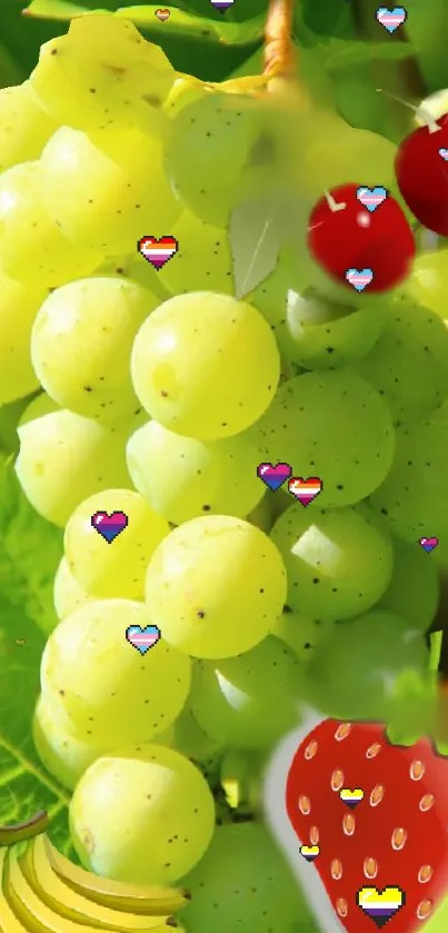 Vibrant mobile wallpaper with green grapes and colorful hearts.