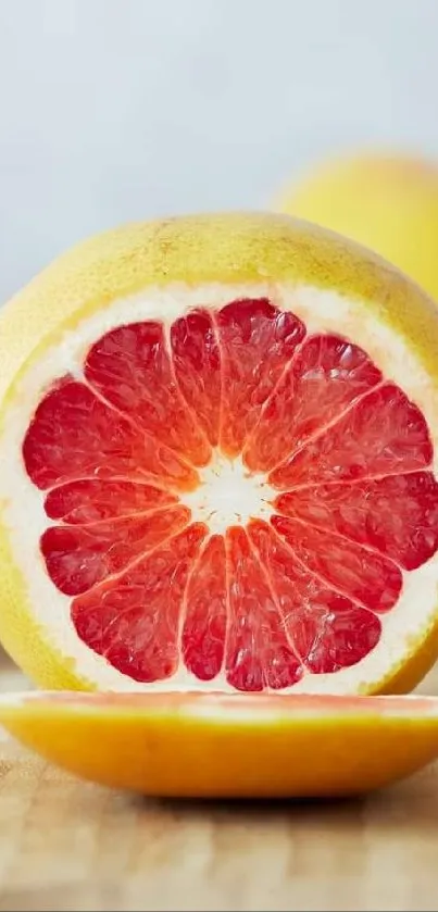 Vibrant grapefruit slice on a wooden surface, showcasing fresh, colorful hues.