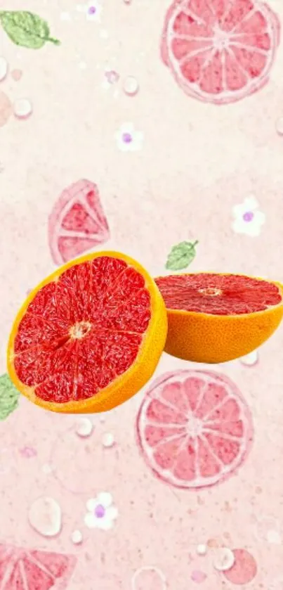 Vibrant grapefruit wallpaper with juicy slices and floral details.