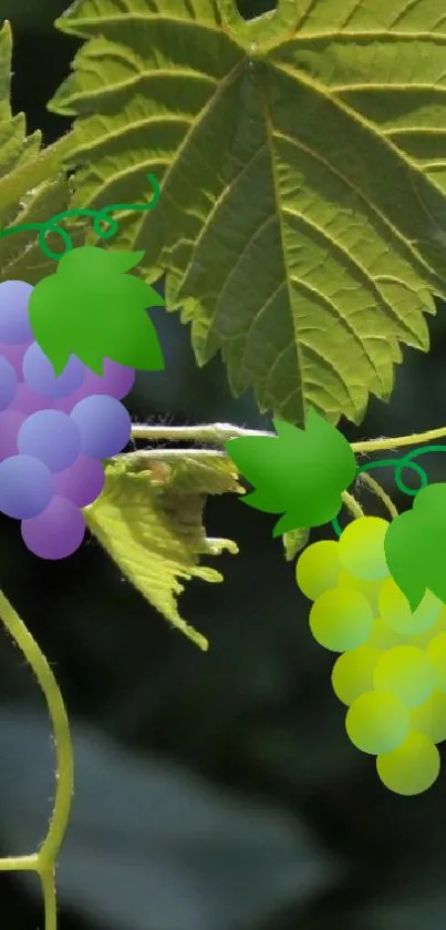 Vibrant grapes and lush green leaves wallpaper for mobile screen.