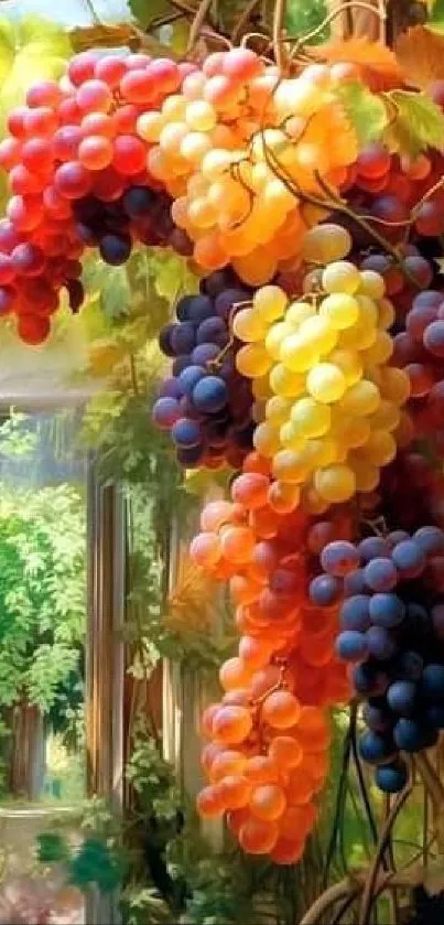 Colorful grape clusters hang in a lush garden setting.