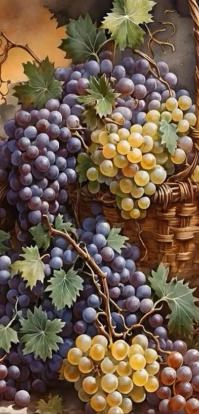 Colorful grapes in a wicker basket.