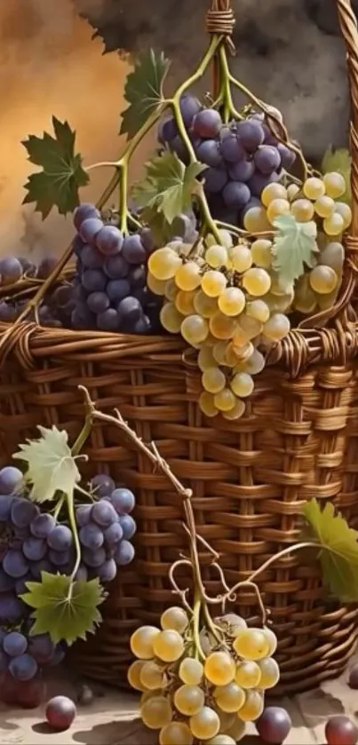 Basket full of ripe grapes in a rustic setting.