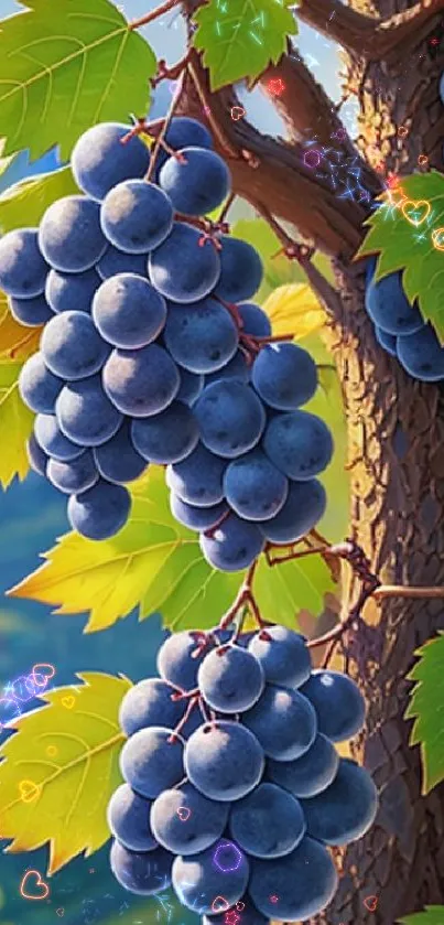 Vibrant grapes growing on a vine with lush green leaves.