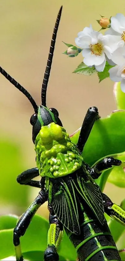 Green grasshopper on leaves with white flowers.