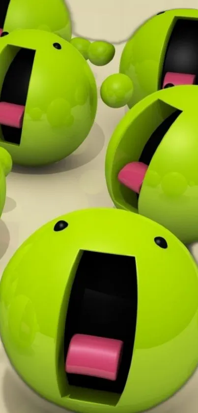 Vibrant 3D green balls with playful expressions.