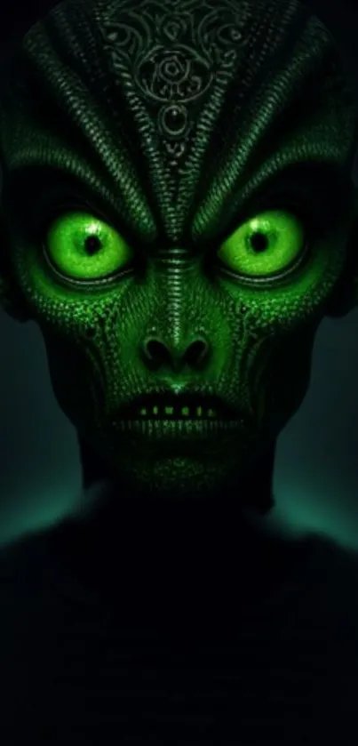 Vibrant green alien with intricate details and glowing eyes.